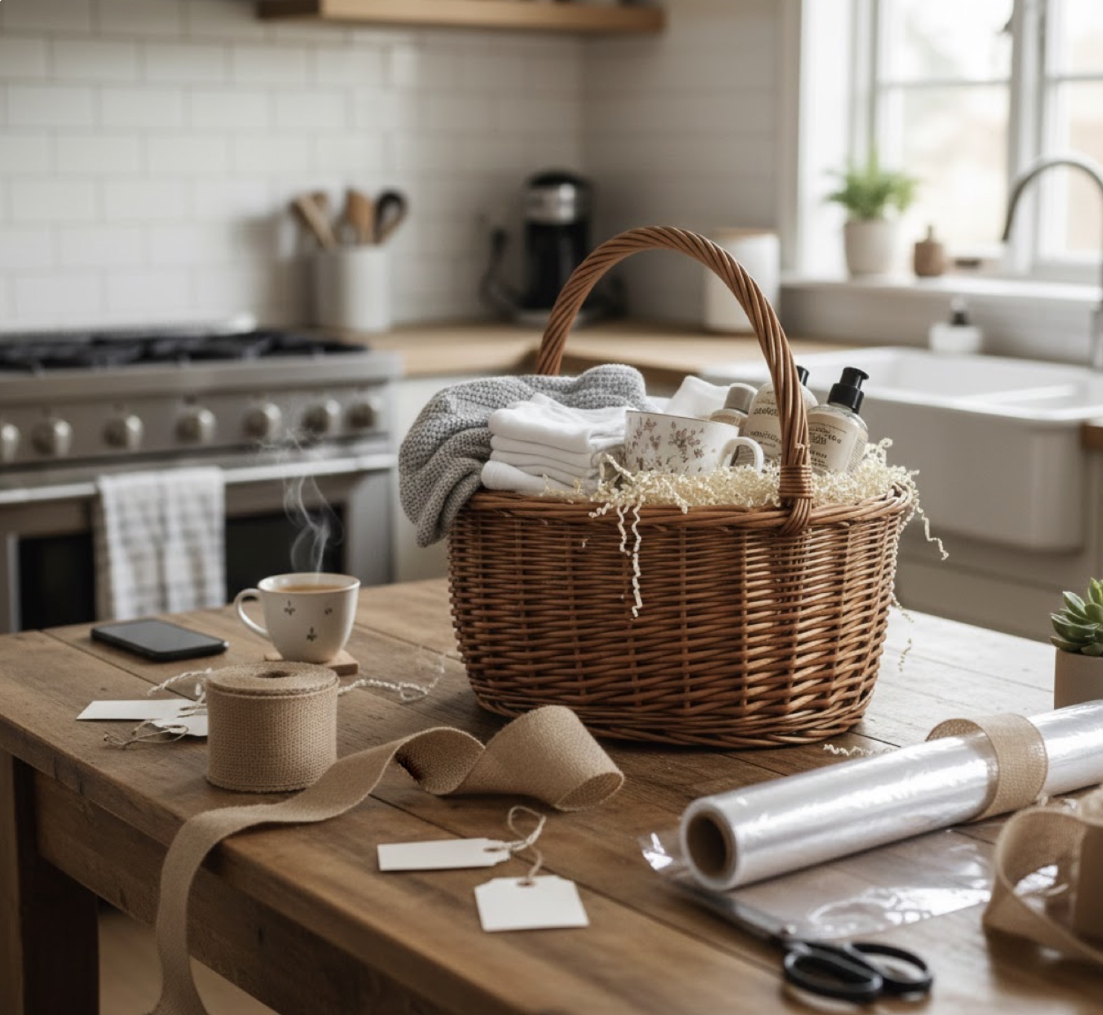 Gift basket with supplies, ribbon and coffee on a kitchen table