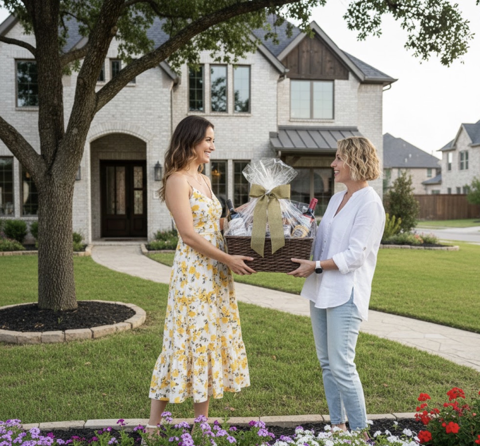 Woman delivering a finished gift basket to a happy client at her front door