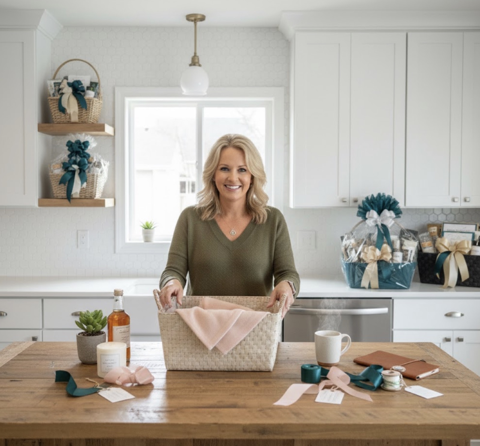 Woman assembling a gift basket at her kitchen counter with finished baskets on shelves behind her