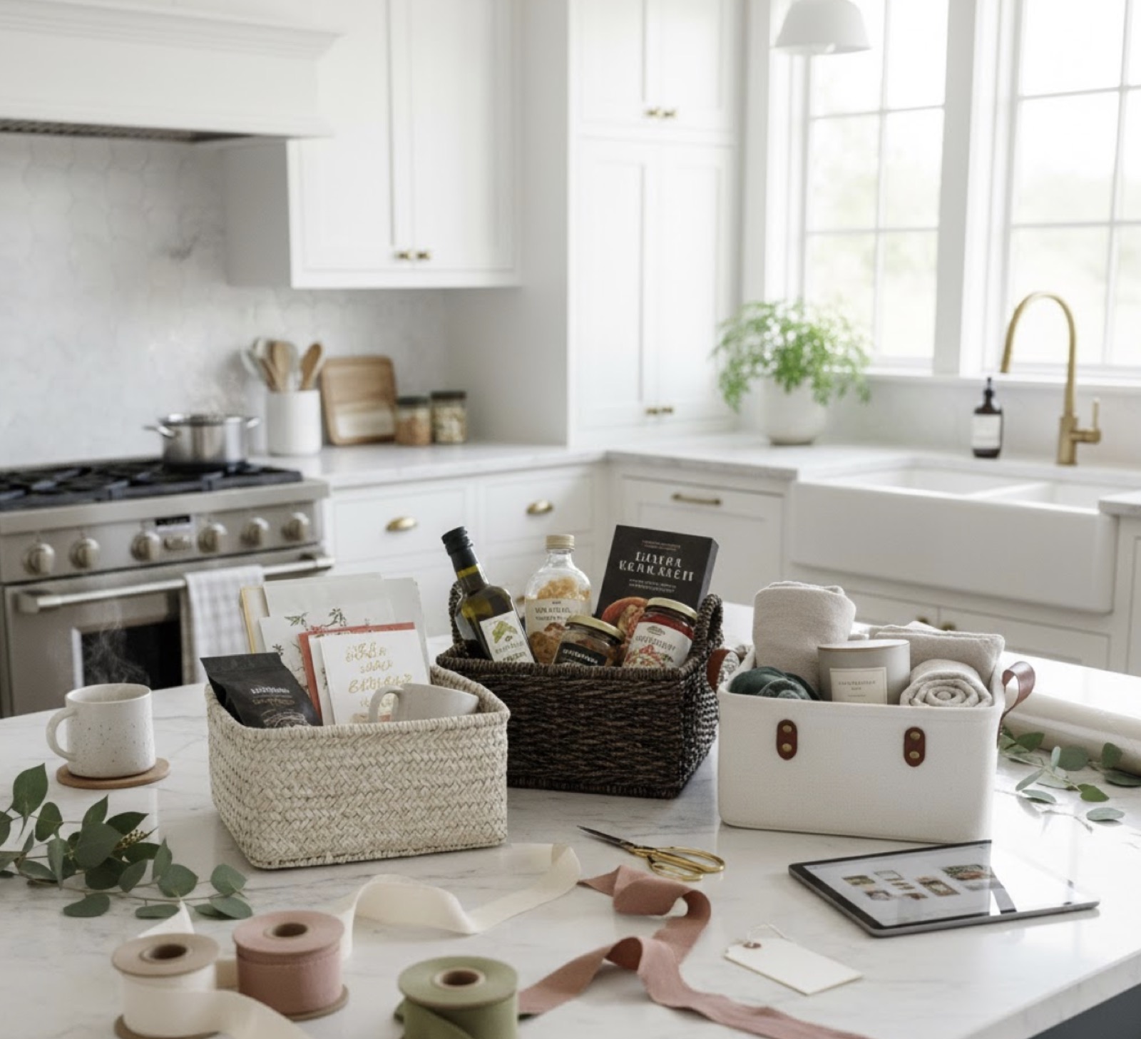 Multiple gift baskets and supplies arranged on a kitchen counter with an iPad showing orders
