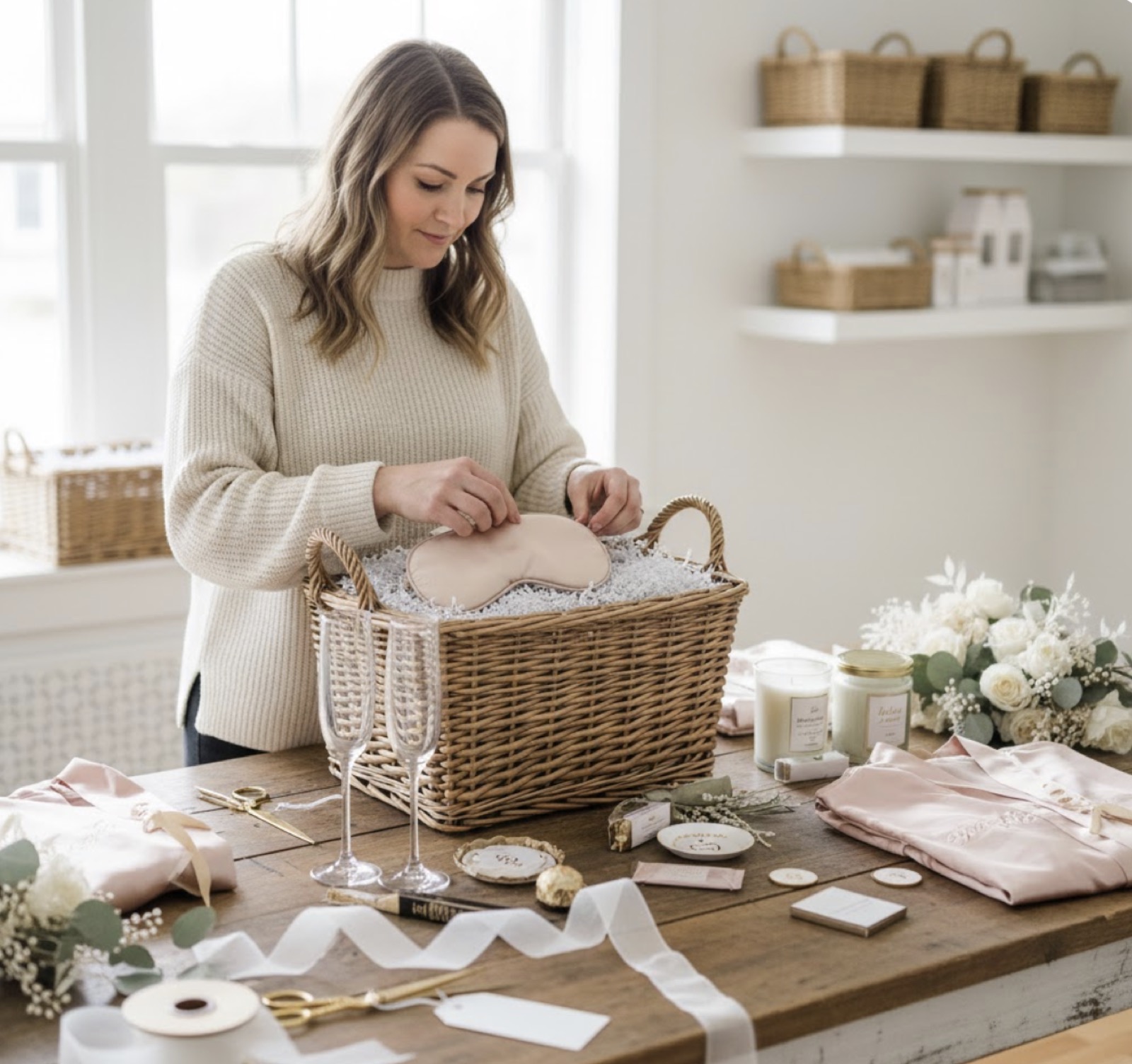 Woman in a cream sweater assembling a gift basket at her crafting table