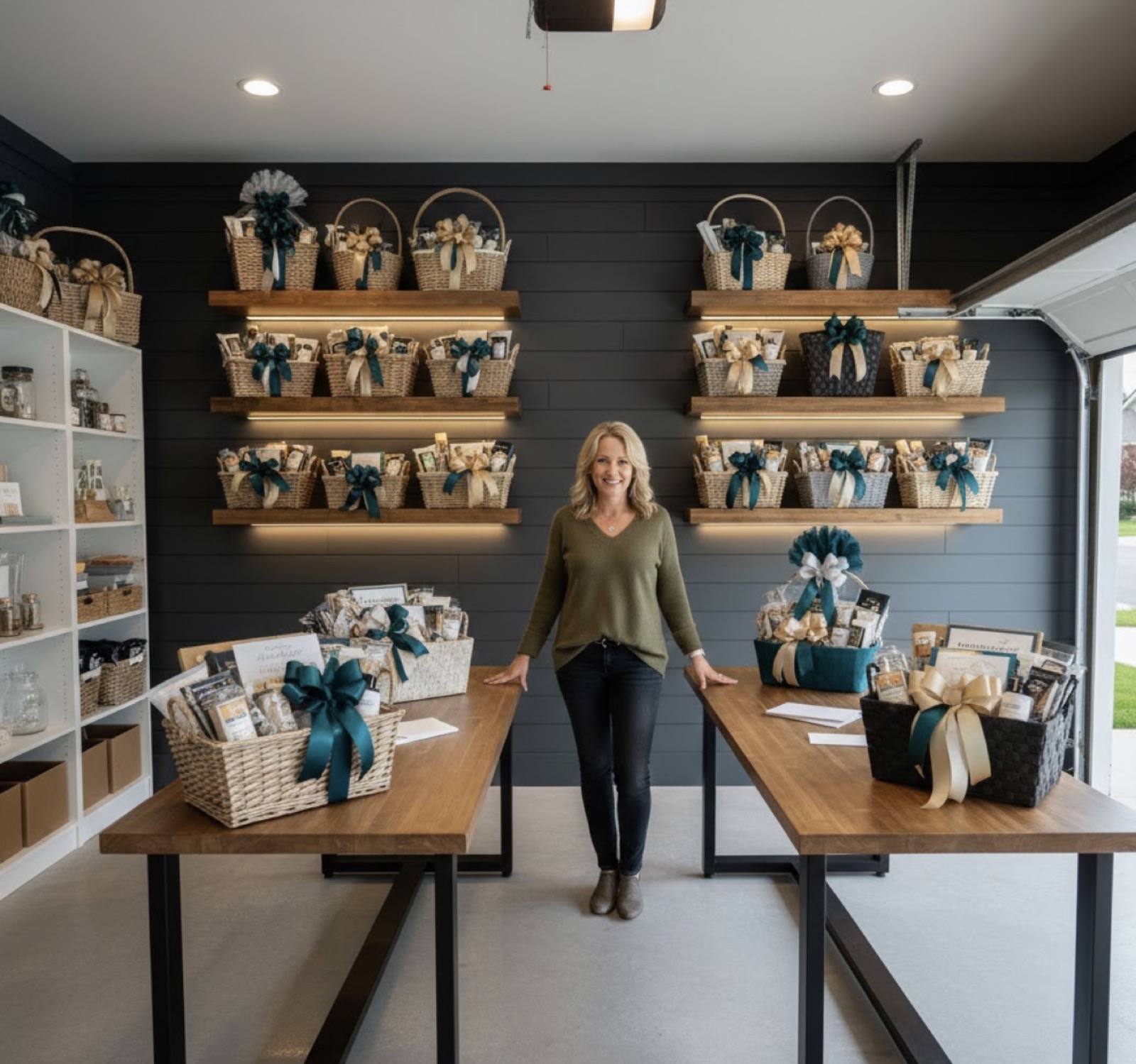 Woman standing in her garage workshop with shelves full of finished gift baskets