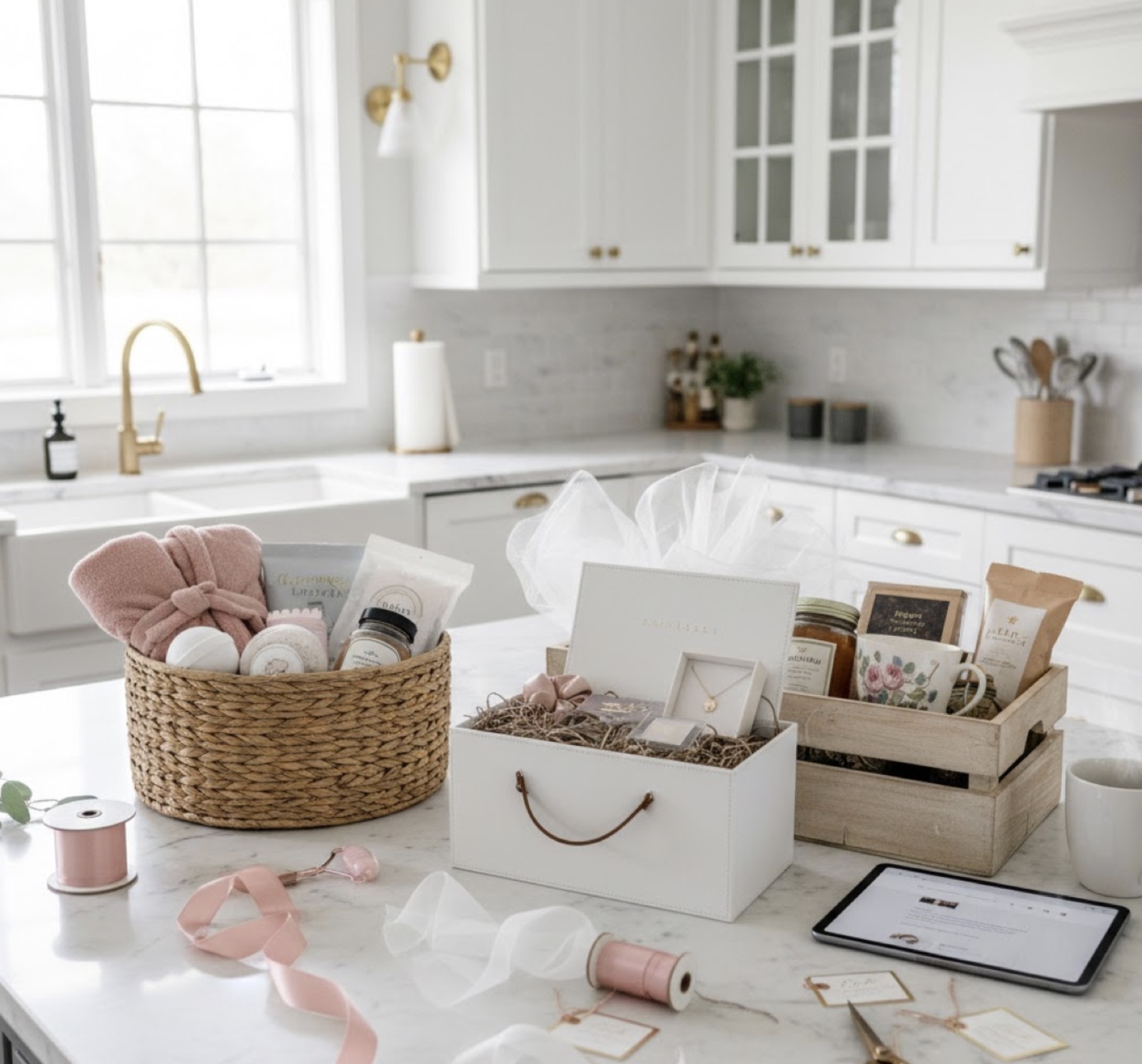 Elegant gift baskets and boxes arranged on a marble kitchen counter with ribbon and supplies