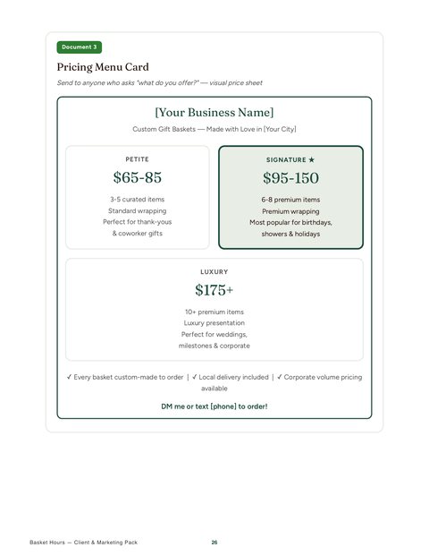 Pricing menu card