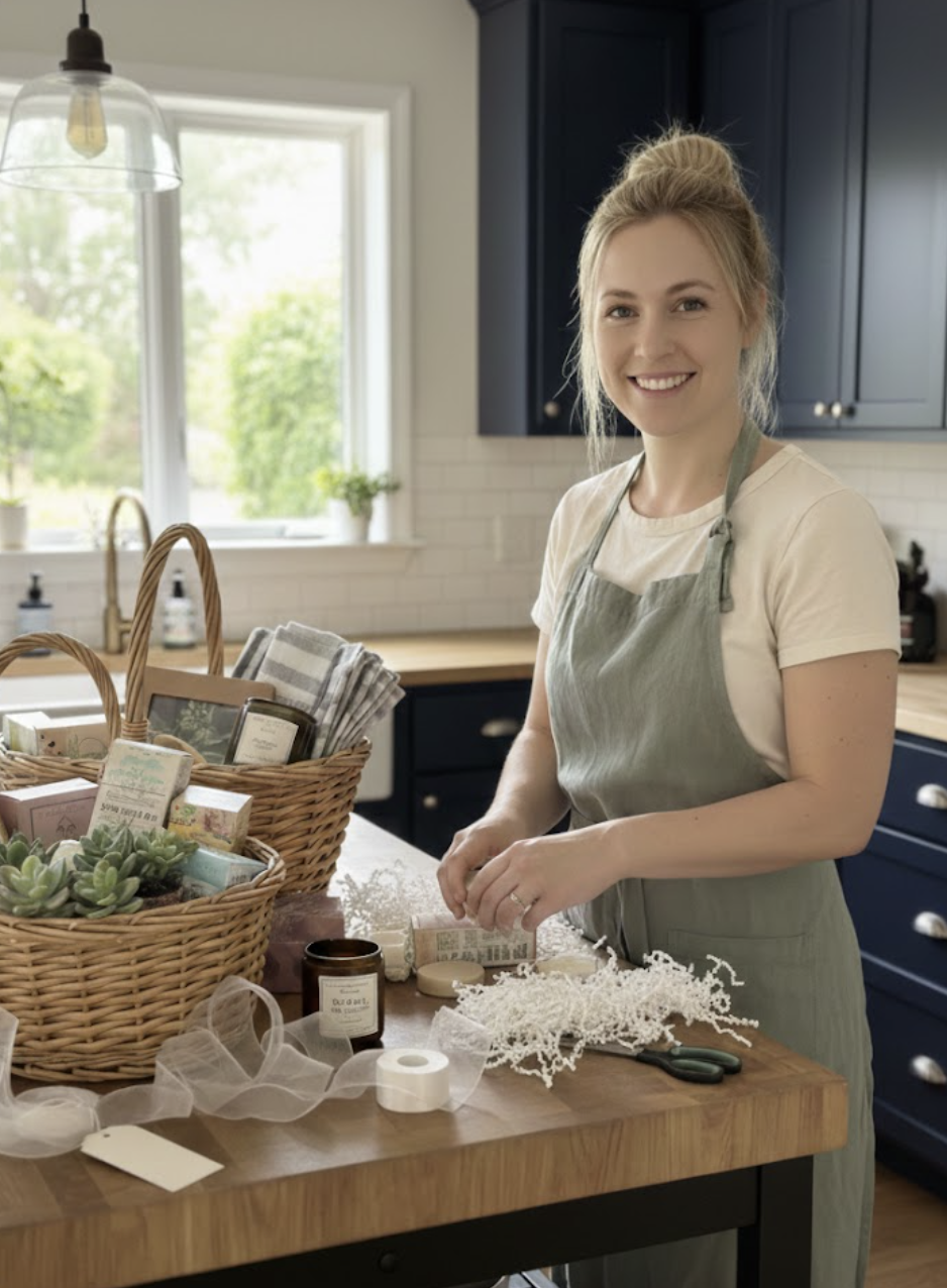 Emily, founder of The Gift Basket Method, assembling a gift basket at her kitchen table